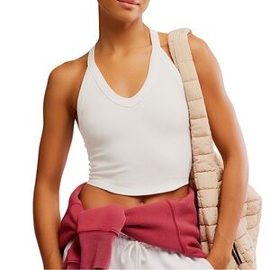 Free People All Clear White Rib Knit V Neck Cami Crop Tank Top Workout M/L